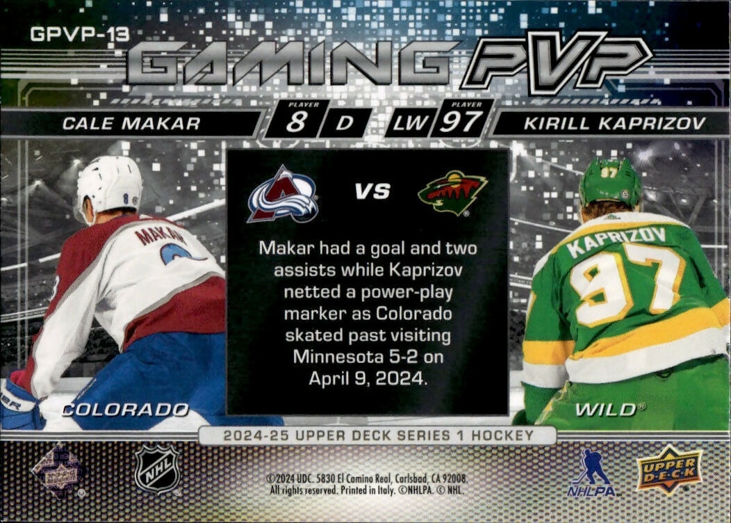 2024-25 Upper Deck Series 1 Hockey - Gaming PVP - Speckle #GPVP-13 Cale Makar:Kirill Kaprizov - Colorado Avalanche:Minnesota Wild - B