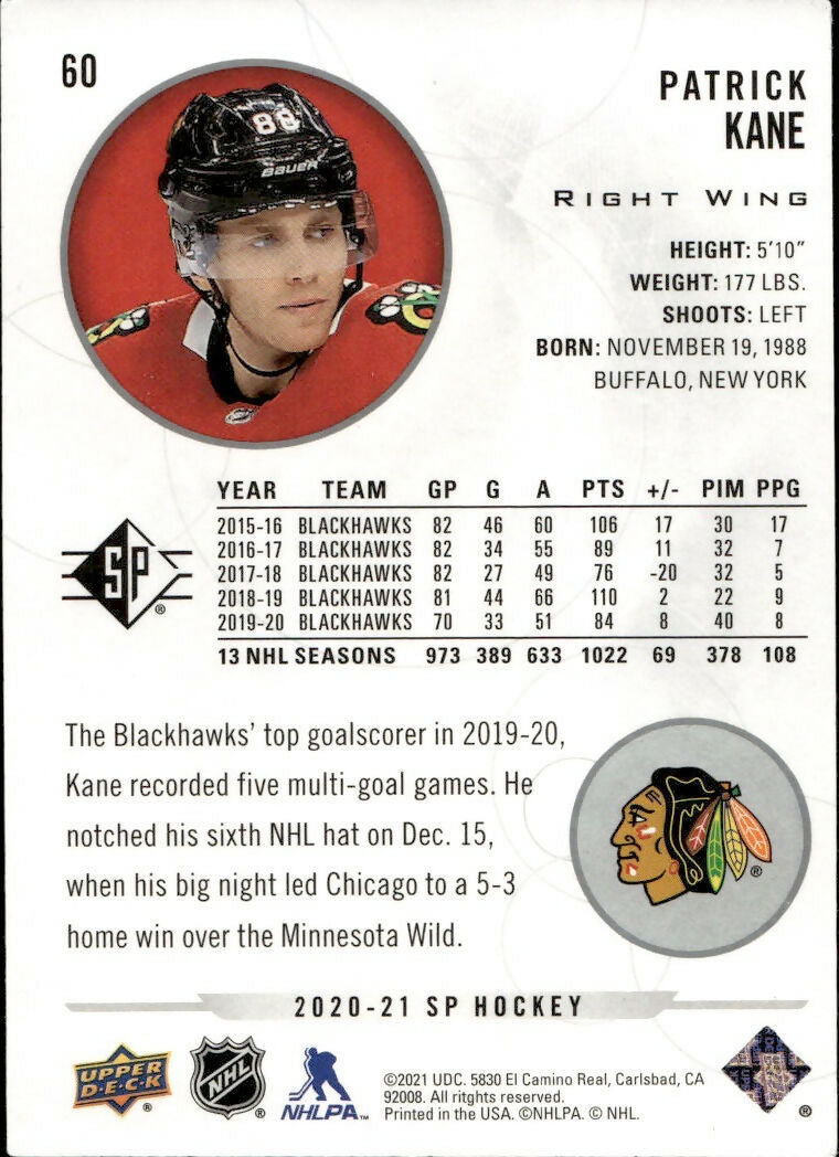 2020-21 Upper Deck Sp Authentic Hockey - Base #60 Patrick Kane - Chicago Blackhawks