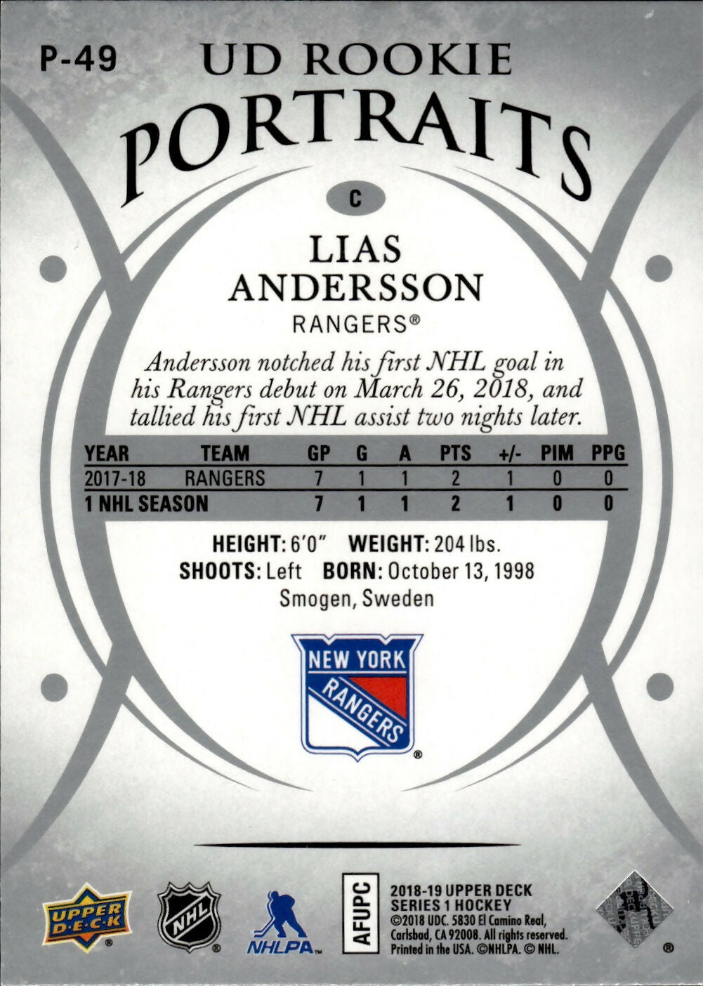 2018-19 Upper Deck Series 1 Hockey - UD Portraits - Rookie #P-49 Lias Andersson - New York Rangers