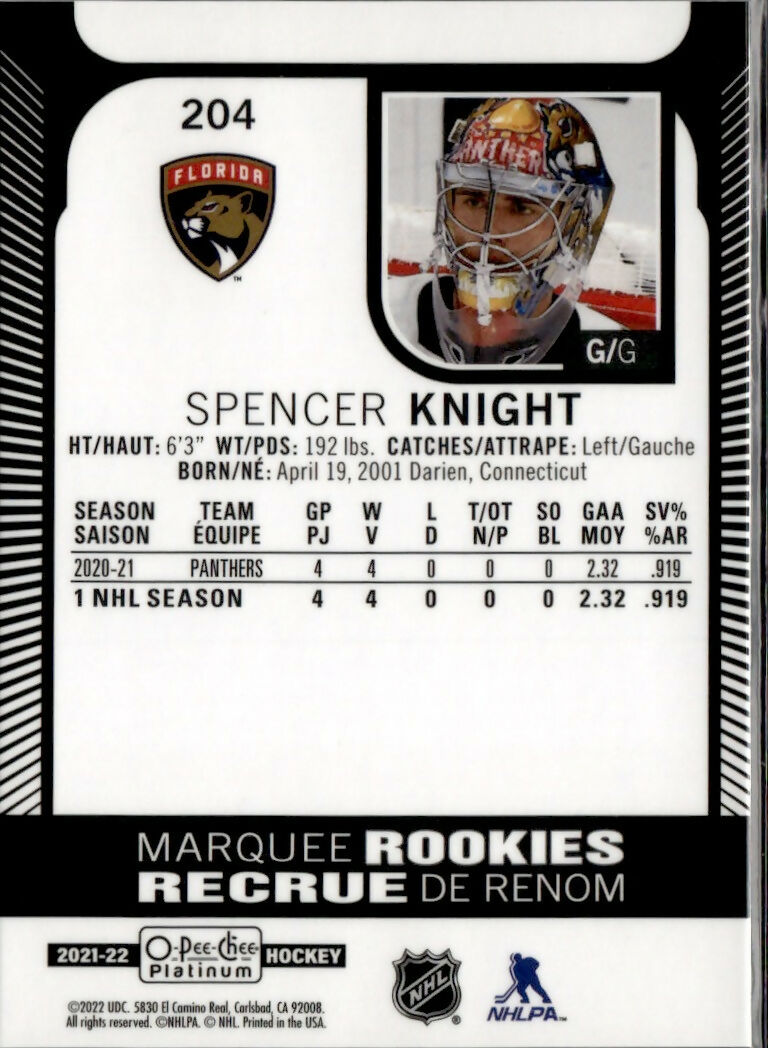 2021-22 Upper Deck O-Pee-Chee Platinum Hockey - Base - Marquee Rookies #204 Spencer Knight - Florida Panthers - B