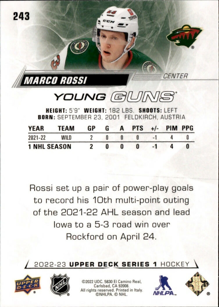 2022-23 Upper Deck Series 1 Hockey - Base - Young Guns #243 Marco Rossi - Minnesota Wild - B