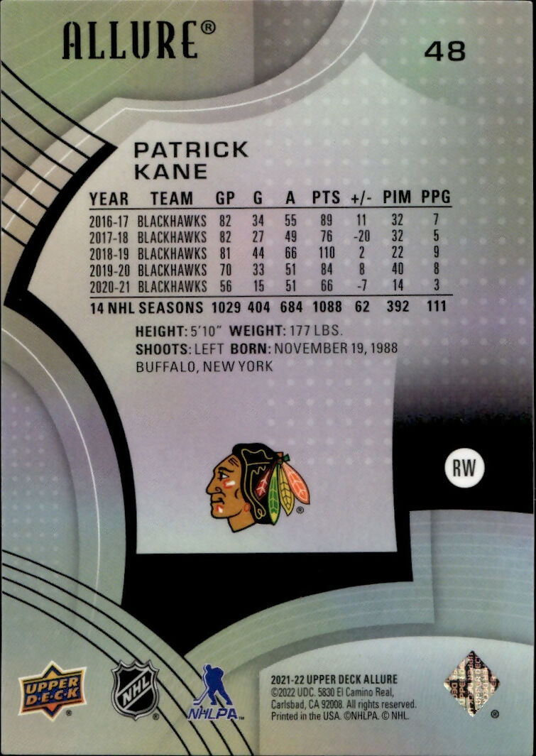 2021-22 Upper Deck Allure Hockey - Base #48 Patrick Kane - Chicago Blackhawks - B