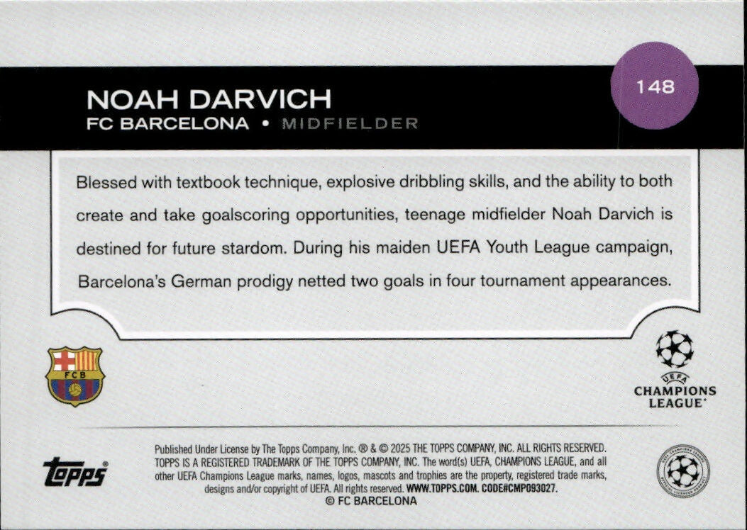 2024-25 Topps UEFA Club Competitions - Base #148 Noah Darvich - FC Barcelona - B