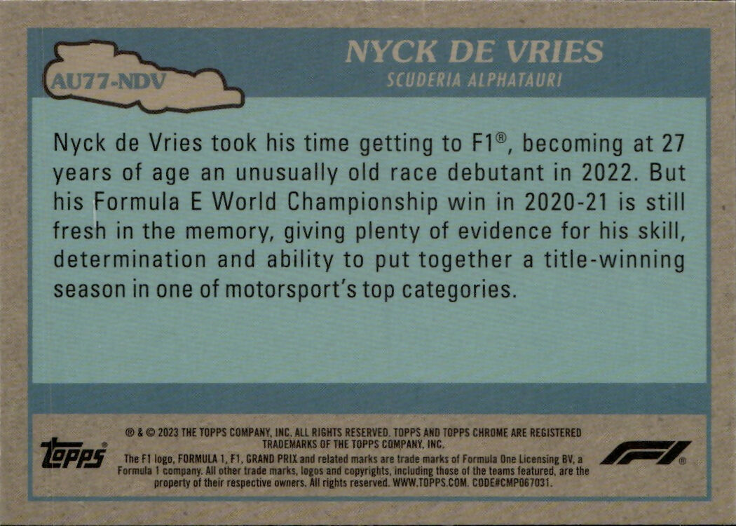 2023 Topps Chrome Formula 1 Autos of 1977 #AU77-NDV Nyck De Vries - Scuderia Alphatauri - B
