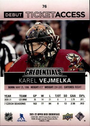 2021-22 Upper Deck Credentials Hockey - Debut Ticket Access - Red :199 #76 Karel Vejmelka - Arizona Coyotes - B