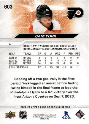 2023-24 Upper Deck Extended Series Hockey - Base #603 Cam York - Philadelphia Flyers - B