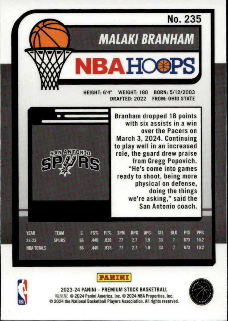 2023-24 Panini NBA Hoops Premium Stock - Base #235 Malaki Branham - San Antonio Spurs - B