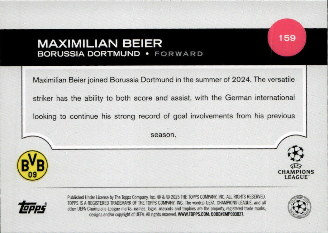2024-25 Topps UEFA Club Competitions - Base #159 Maximilian Beier - Borussia Dortmund - B