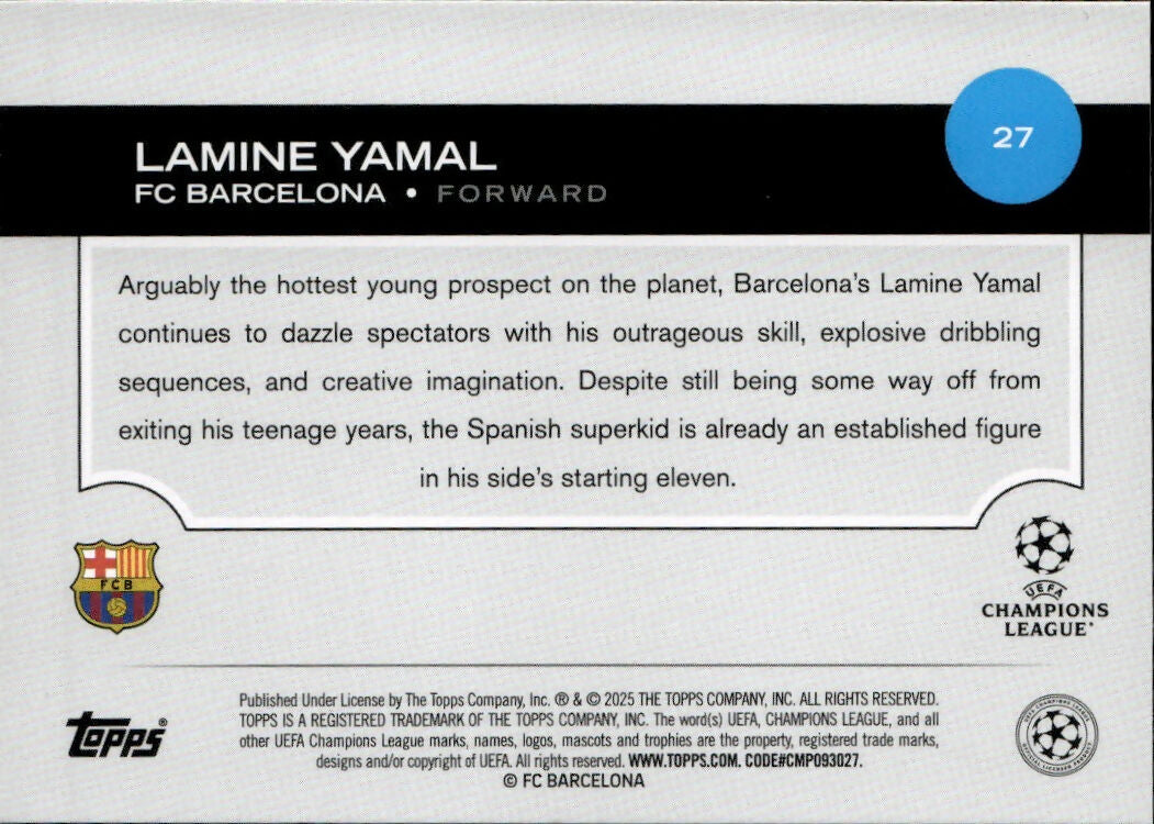 2024-25 Topps UEFA Club Competitions - Base #27 Lamine Yamal - FC Barcelona - B