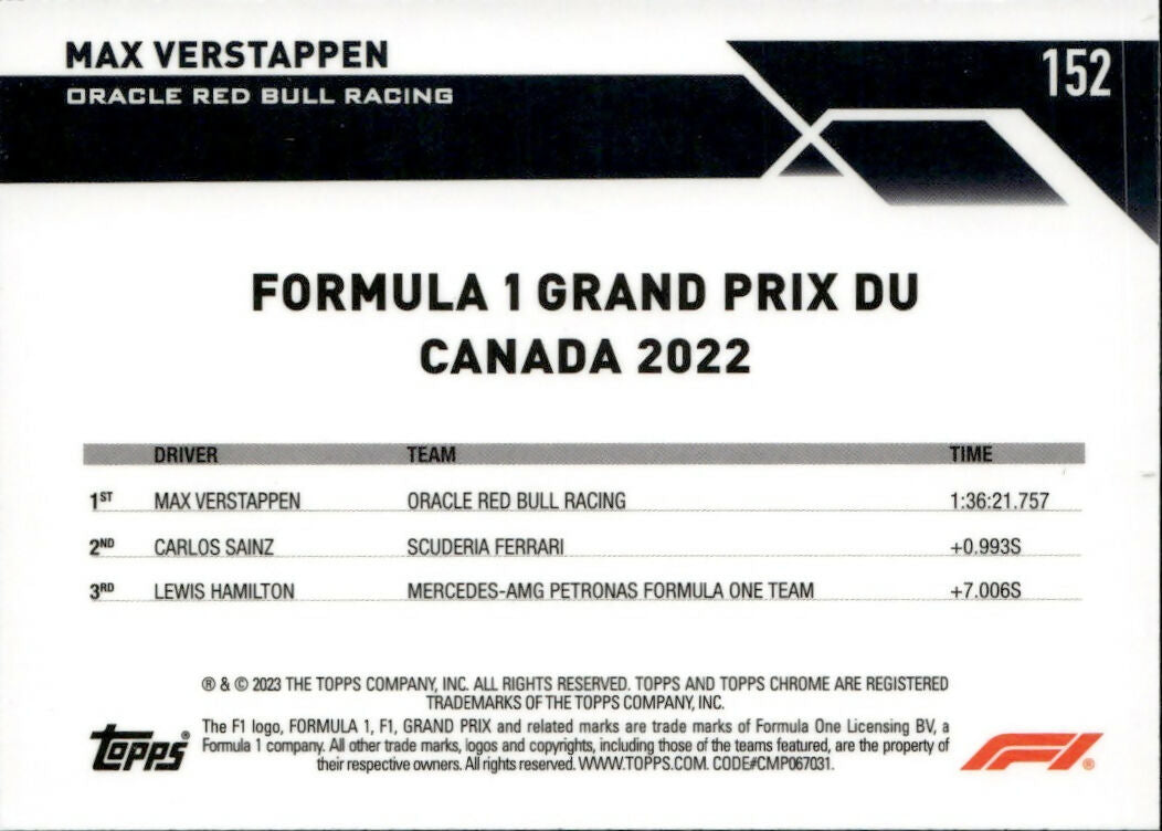 2023 Topps Chrome Formula 1 Base #152 - Grand Prix Winners Max Verstappen - Oracle Red Bull Racing - B