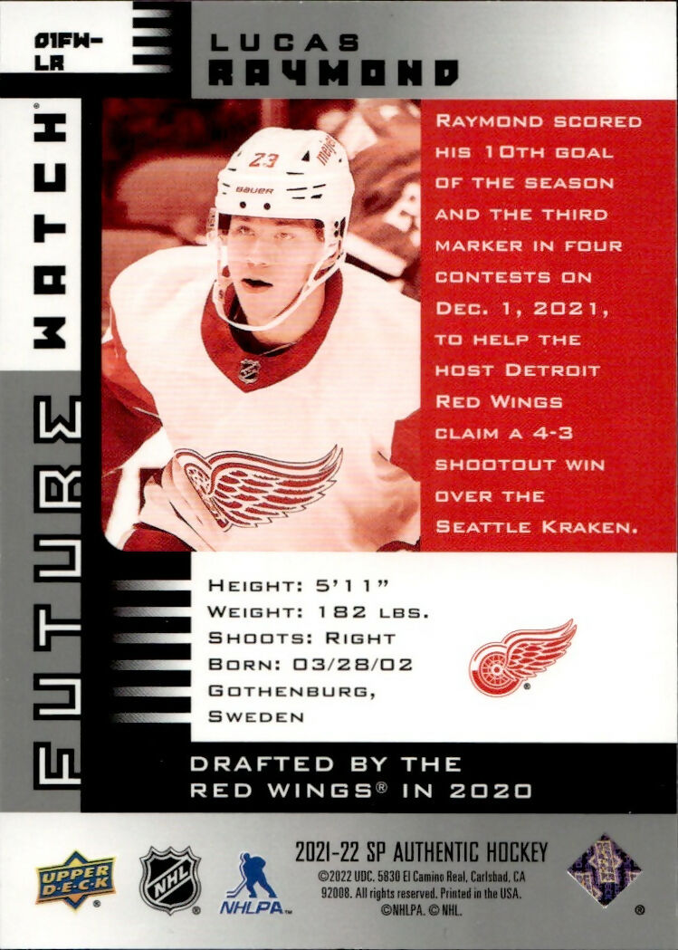 2021-22 Upper Deck SP Authentic Hockey - 2001-02 Retro Future Watch :900 #01FW-LR Lucas Raymond - Detroit Red Wings - B