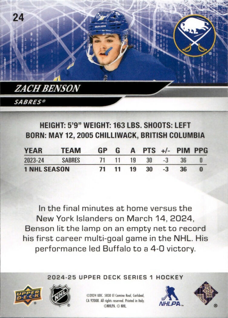 2024-25 Upper Deck Series 1 Hockey - Base #24 Zach Benson - Buffalo Sabres