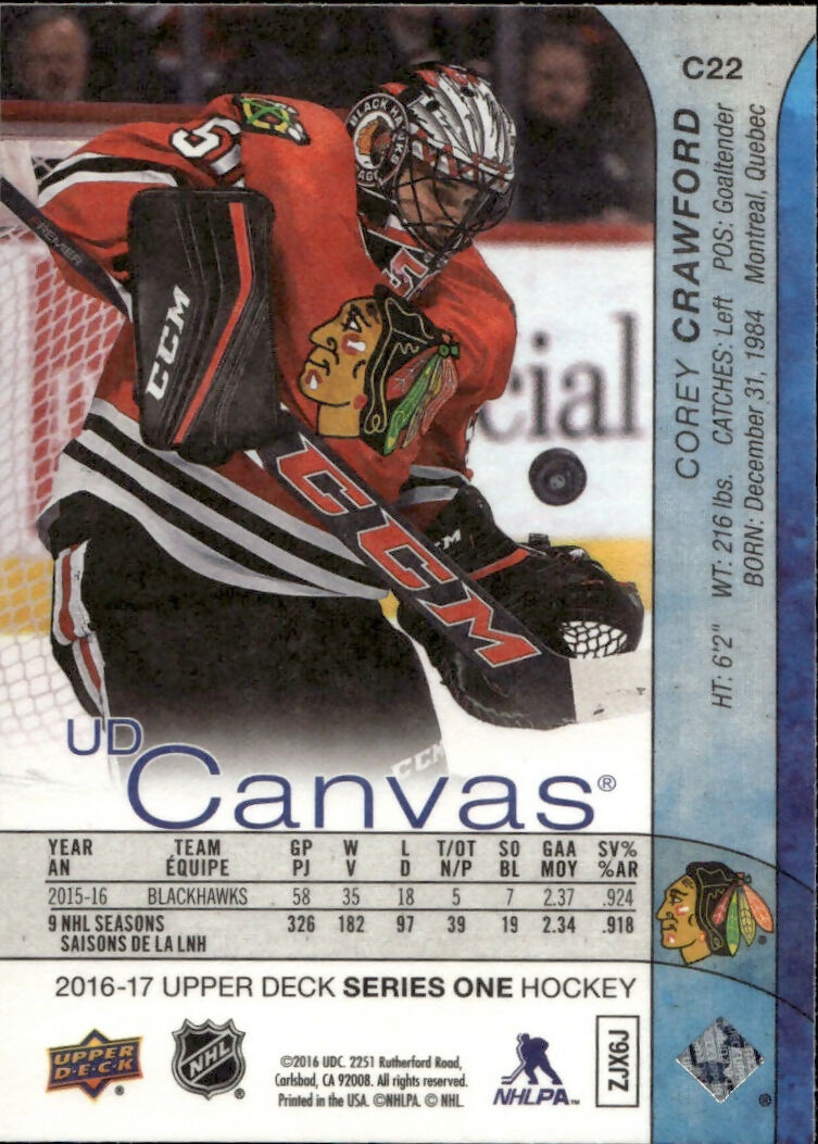 2016-17 Upper Deck Series 1 Hockey - UD Canvas #C22 Corey Crawford - Chicago Blackhawks - B