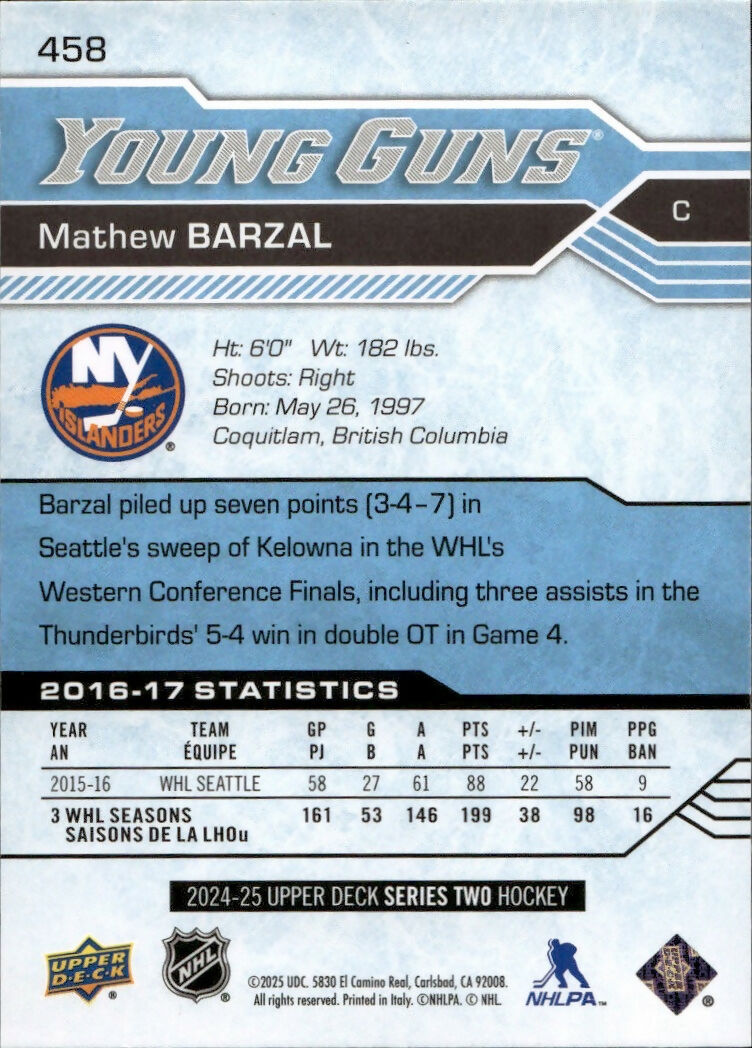 2024-25 Upper Deck Series 2 Hockey - Young Guns Renewed #458 Mathew Barzal - New York Islanders - B