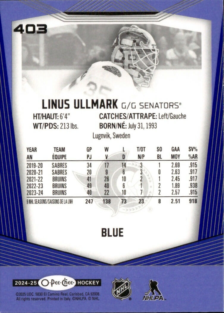 2024-25 Upper Deck O-Pee-Chee - Base - Blue #403 Linus Ullmark - Ottawa Senators - B