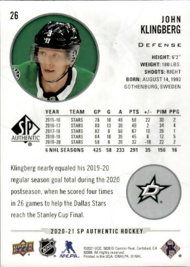 2020-21 Upper Deck Sp Authentic Hockey - Base #26 John Klingberg - Dallas Stars