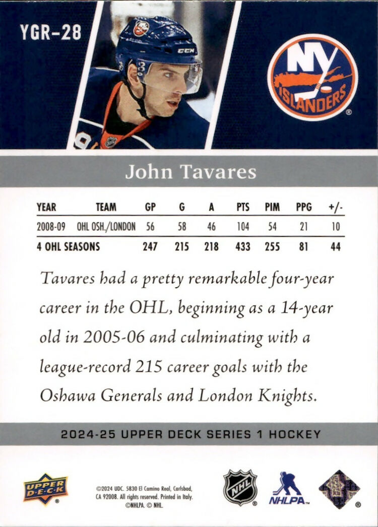 2024-25 Upper Deck Series 1 Hockey - Young Guns Renewed #YGR-28 John Tavares - New York Islanders - B