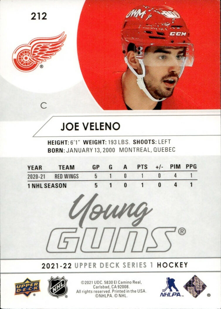 2021-22 Upper Deck Series 1 Hockey - Base - Young Guns #212 Joe Veleno - Detroit Red Wings - B