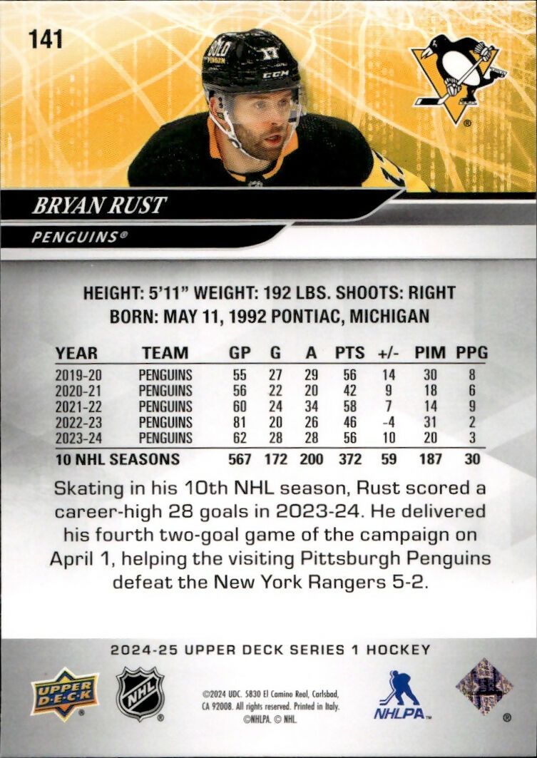 2024-25 Upper Deck Series 1 Hockey - Base #141 Bryan Rust - Pittsburgh Penguins - B