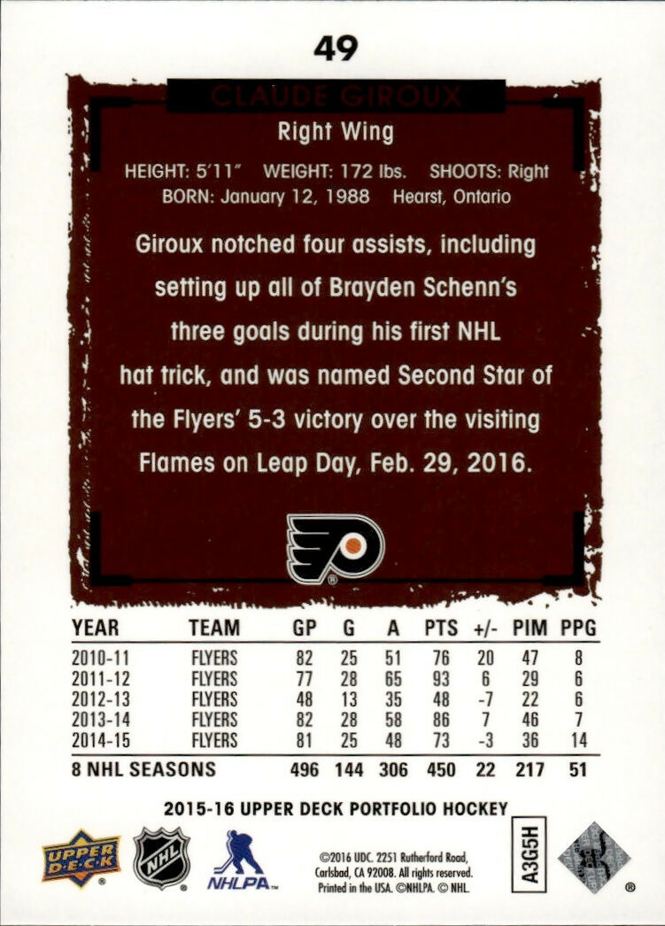 2015-16 Upper Deck Portfolio Hockey - Base #49 Claude Giroux - Philadelphia Flyers