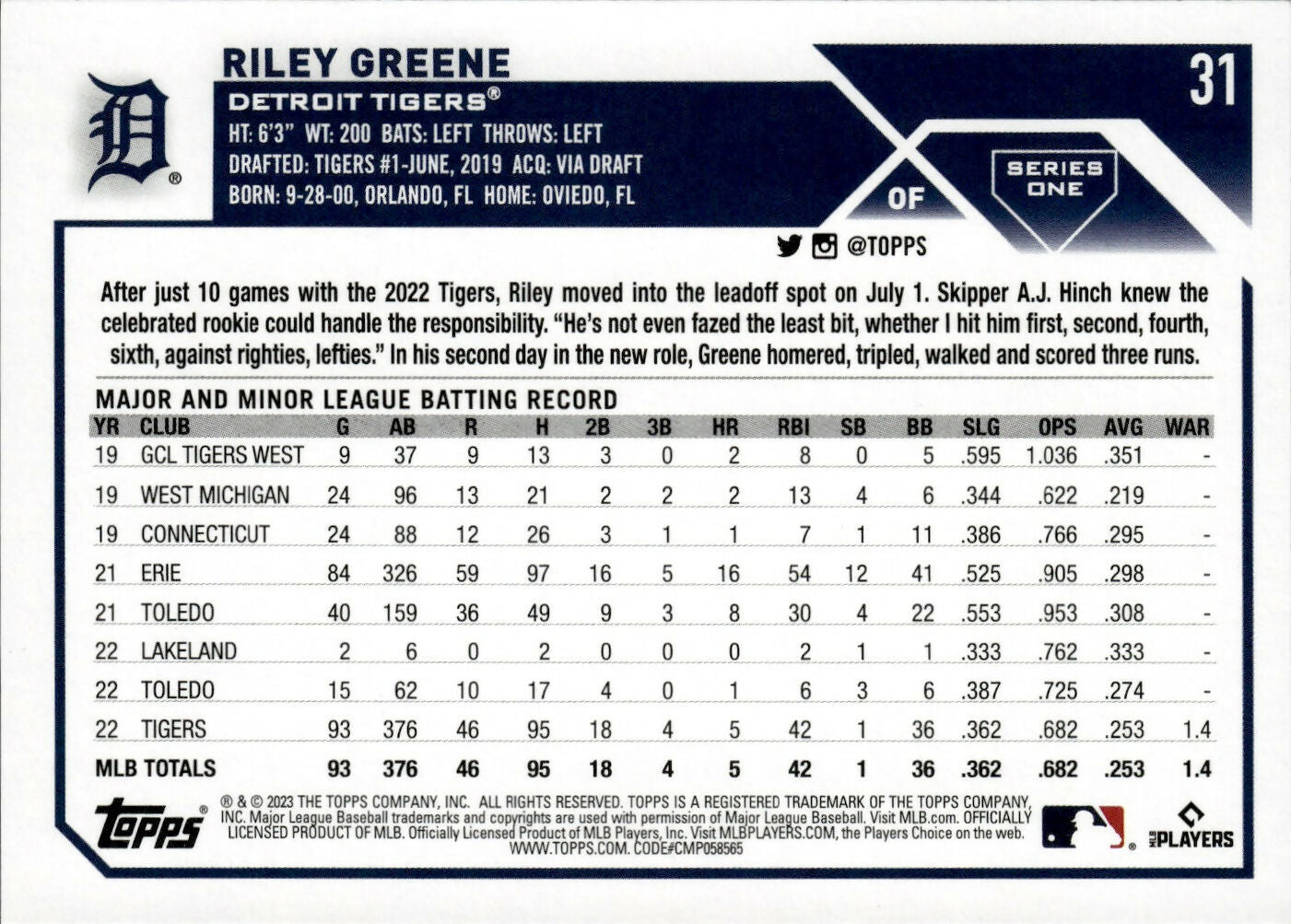 2023 Topps Series 1 Baseball - [Base] #31 Riley Green - Detroit Tigers - B
