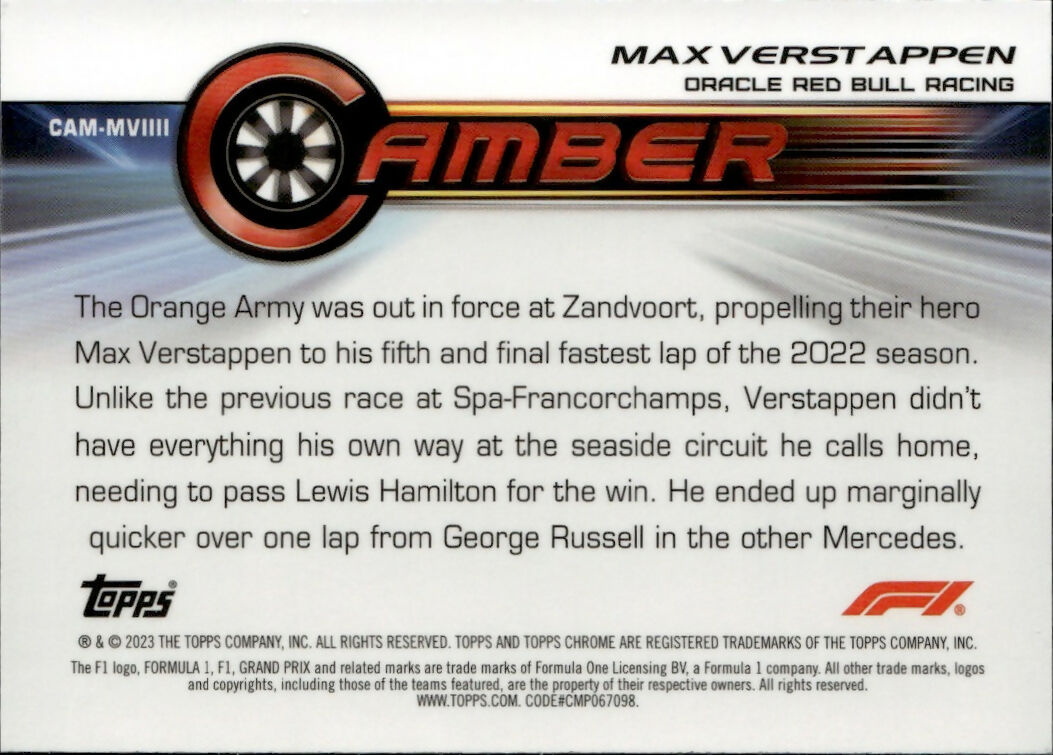 2023 Topps Chrome Formula 1 Camber #CAM-MVIIII Max Verstappen - Oracle Red Bull Racing - B