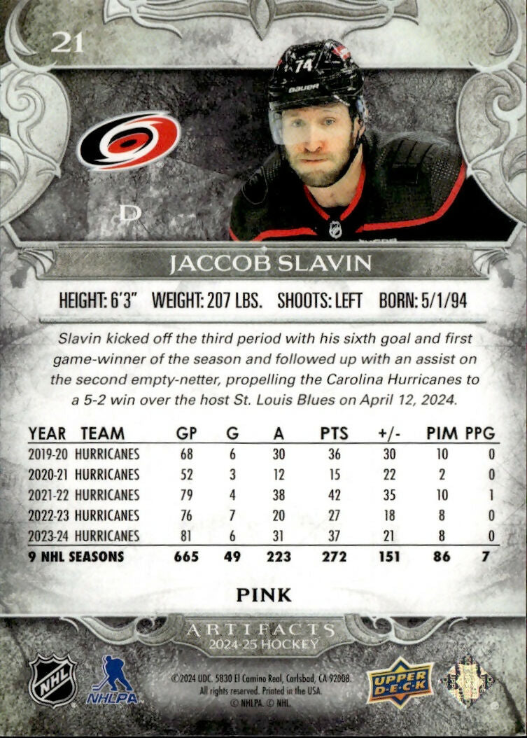 2024-25 Upper Deck Artifacts - Base - Pink :35 #21 Jaccob Slavin - Carolina Hurricanes - B