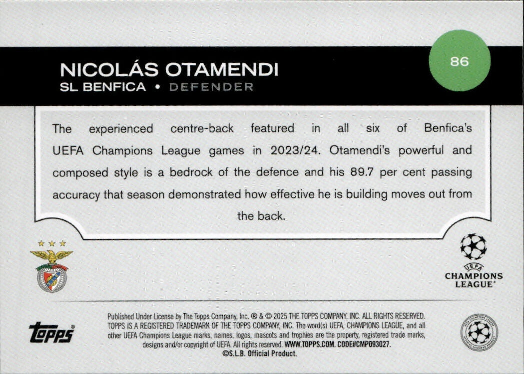 2024-25 Topps UEFA Club Competitions - Base #86 Nicolas Otamendi - Sl Benfica - B