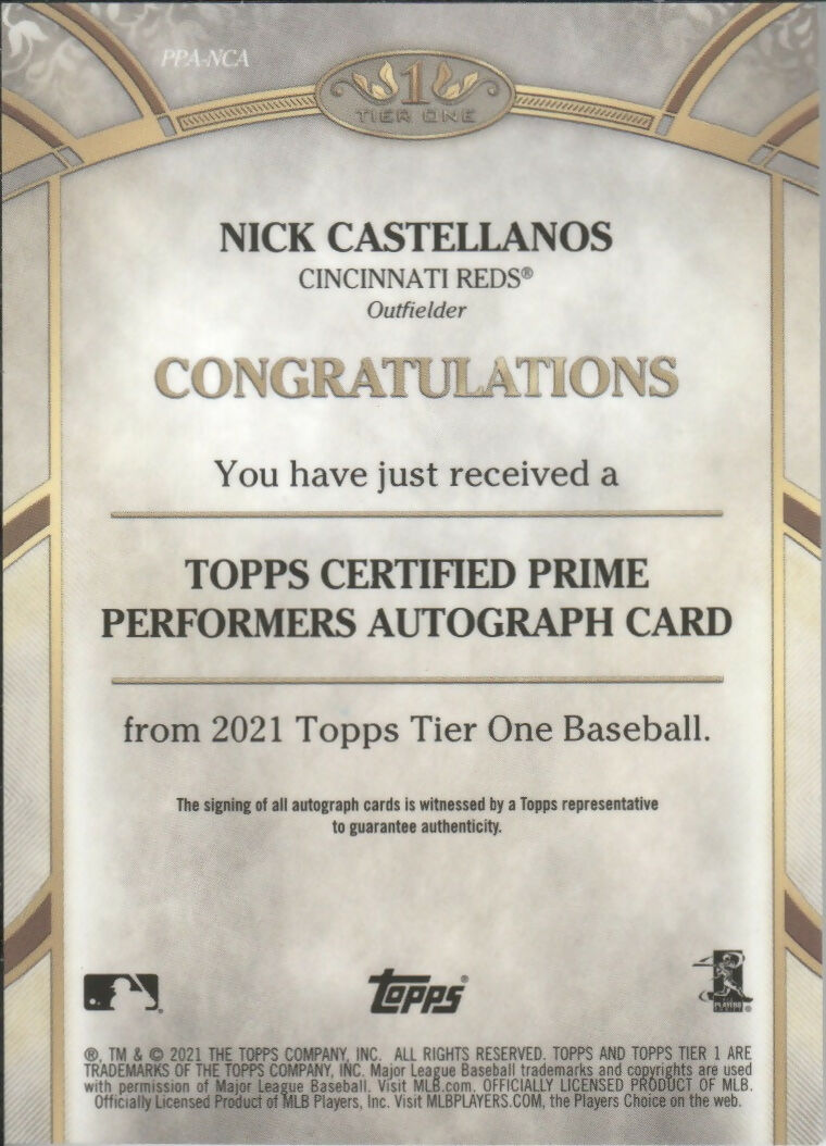 2021 Topps Tier One Baseball - Prime Performers Autographs :300 #PPA-NCA Nick Castellanos - Cincinnati Reds - B
