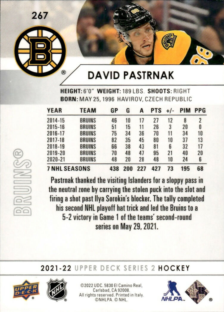 2021-22 Upper Deck Series 2 Hockey - Base #267 David Pastrnak - Boston Bruins - B