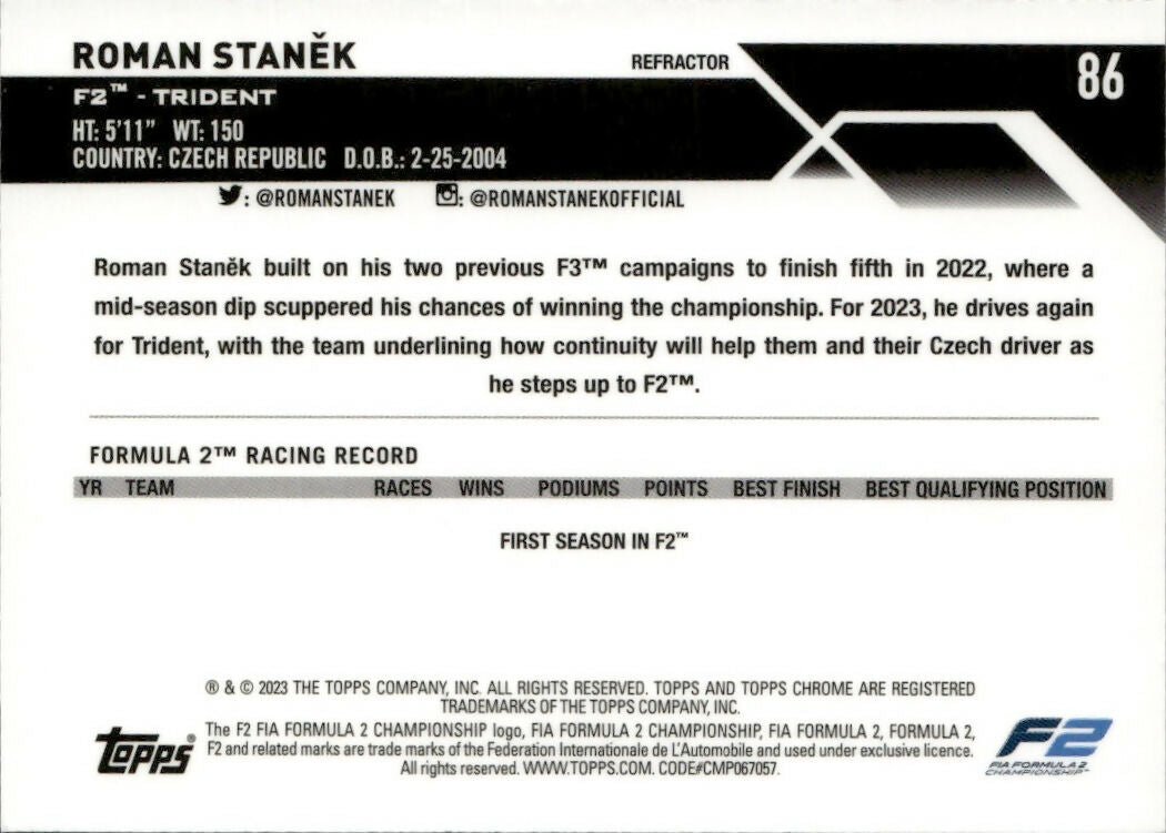 2023 Topps Chrome Formula 1 Base #86 - F2 Drivers - Refractor Roman Stanek - F2 Trident - B