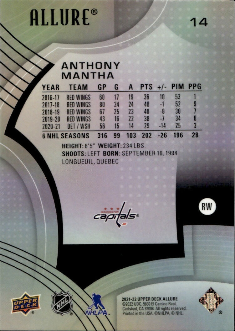 2021-22 Upper Deck Allure Hockey - Base #14 Anthony Mantha - Washington Capitals - B