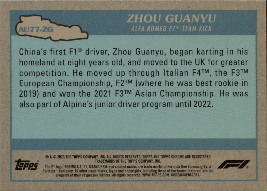 2023 Topps Chrome Formula 1 Autos of 1977 #AU77-ZG Zhou Guanyu - Alfa Romeo F1 Team Kick - B