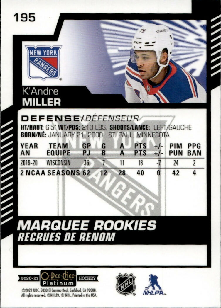 2020-21 Upper Deck O-Pee-Chee Platinum - Base - Marquee Rookie #195 K'Andre Miller - New York Rangers - B