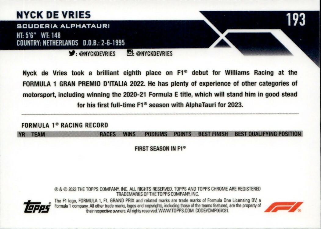 2023 Topps Chrome Formula 1 Base #193 - F1 Freshest - Checker Flag X-factor Nyck De Vries - Scuderia Alphatauri - B
