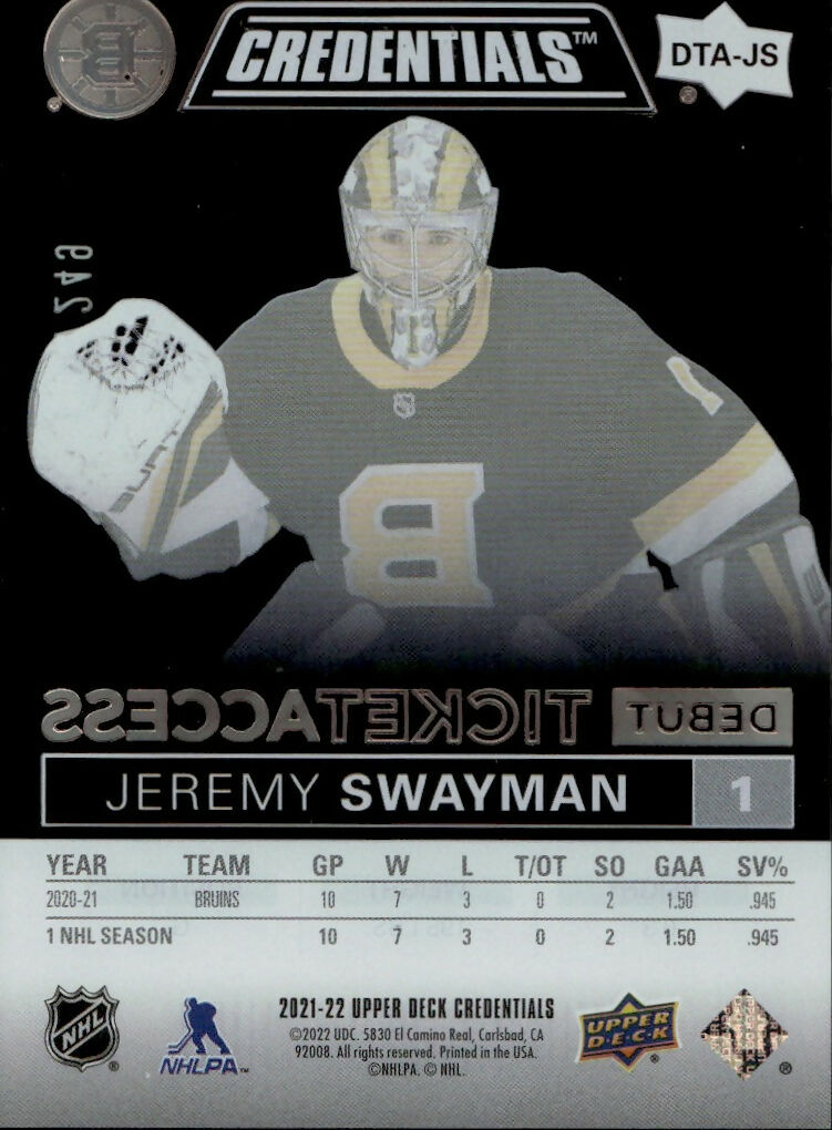 2021-22 Upper Deck Credentials - Base - Debut Ticket Access - Acetate :249 #DTA-JS Jeremy Swayman - Boston Bruins - B