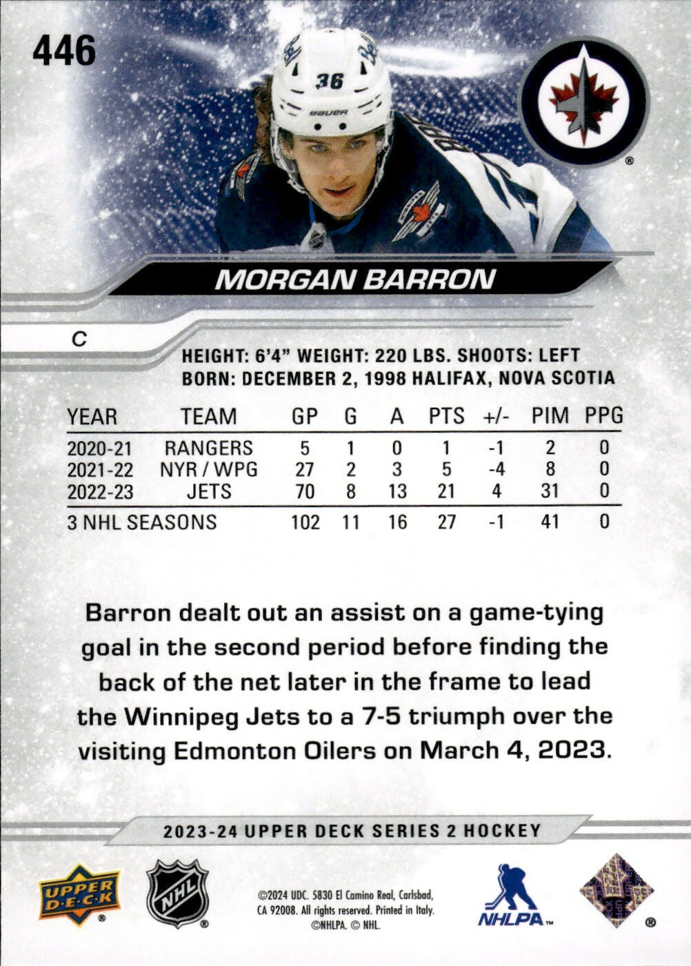2023-24 Upper Deck Series 2 Hockey - Base #446 Morgan Barron - Winnipeg Jets
