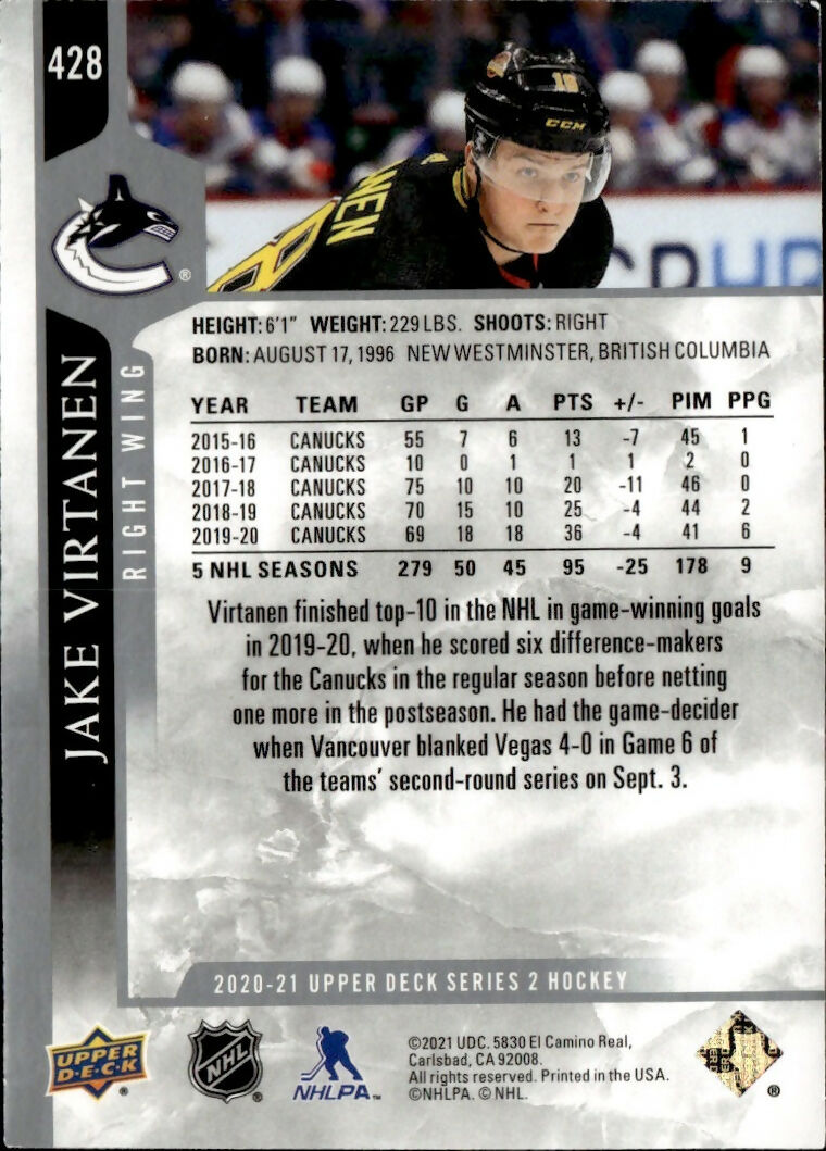 2020-21 Upper Deck Series 2 Hockey - Base #428 Jake Virtanen - Vancouver Canucks - B