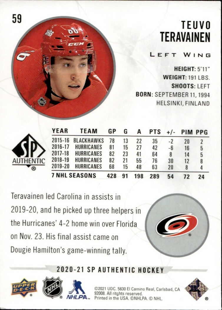 2020-21 Upper Deck Sp Authentic Hockey - Base #59 Teuvo Teravainen - Carolina Hurricanes - B