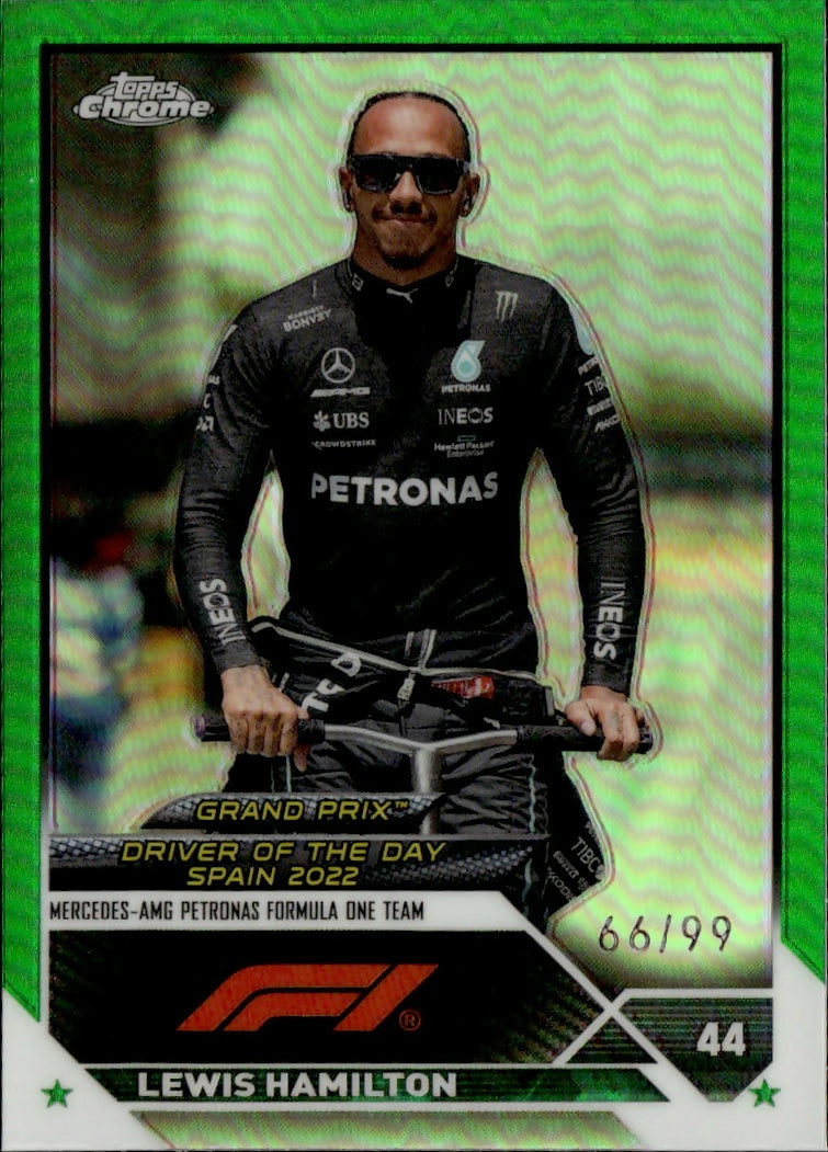 2023 Topps Chrome Formula 1 Base #171 - Grand Prix Driver Of The Day - Refractor Green :99 Lewis Hamilton - Mercedes-AMG Petronas Formula One Team - A