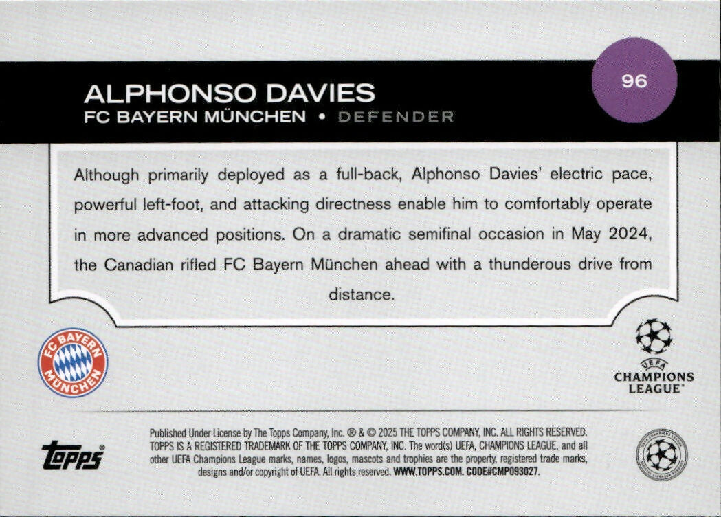 2024-25 Topps UEFA Club Competitions - Base #96 Alphonso Davies - FC Bayren Munchen - B