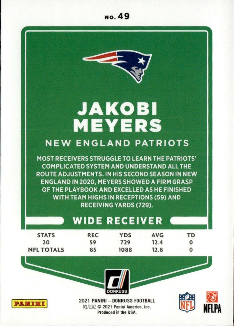 2021 Donruss Press Proof Blue #49 Jakobi Meyers New England Patriots