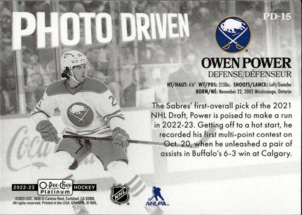 2022-23 Upper Deck O-Pee-Chee Platinum Hockey - Photo Driven #PD-15 Owen Power - Buffalo Sabres - B