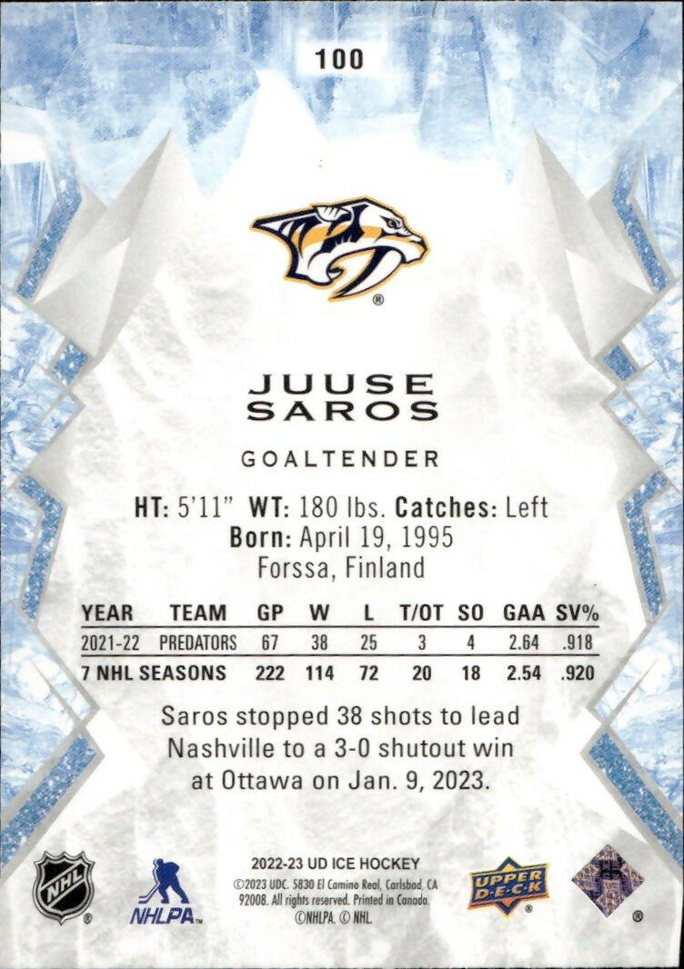 2022-23 Upper Deck Ice Hockey - Base - Green #100 Juuse Saros - Nashville Predators - B