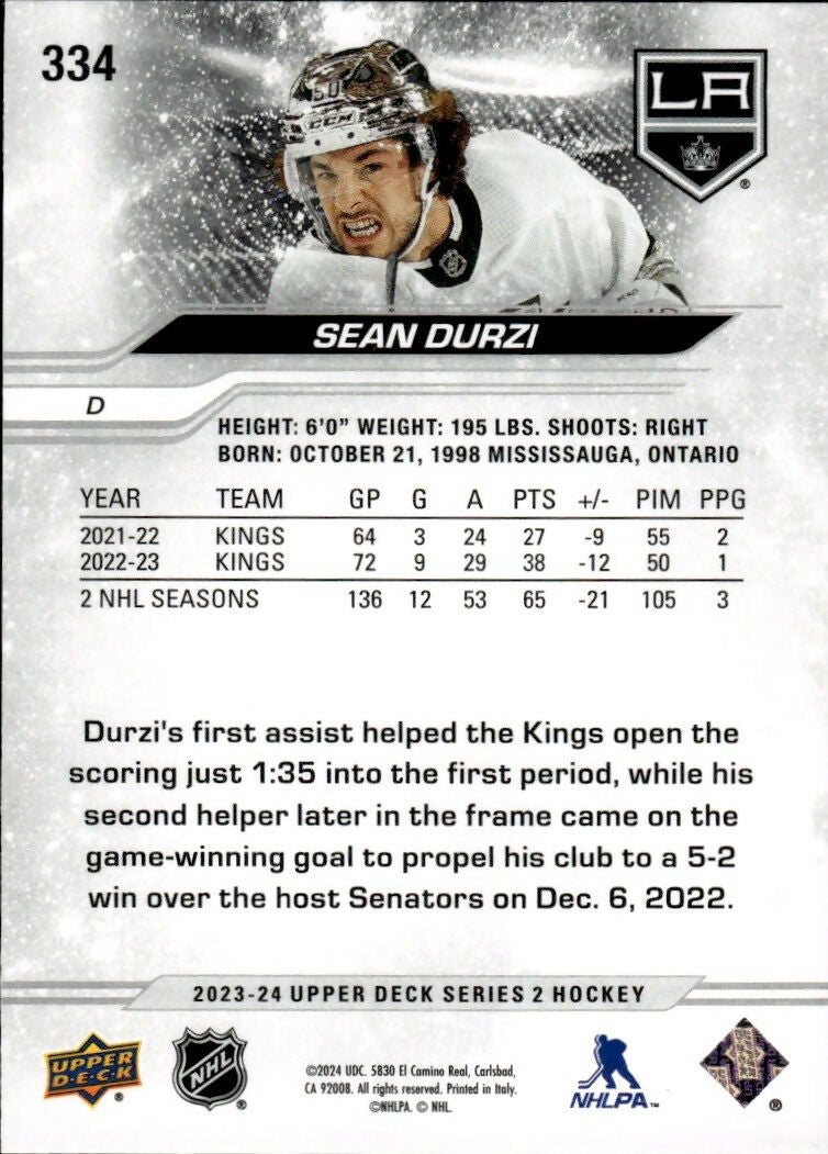 2023-24 Upper Deck Series 2 Hockey - Base #334 Sean Durzi - Los Angeles Kings - B