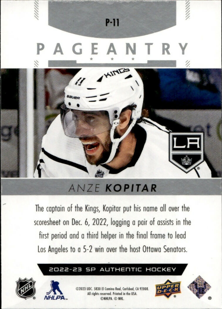 2022-23 Upper Deck SP Authentic Hockey - Pageantry #P-11 Anze Kopitar - Los Angeles Kings - B