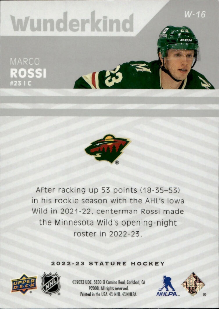 2022-23 Upper Deck Stature Hockey - Wonderkind #W-16 Marco Rossi - Minnesota Wild - B
