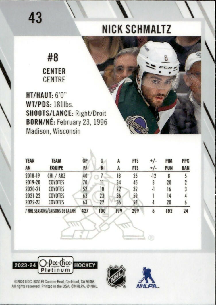 2023-24 Upper Deck O-Pee Chee Platinum Hockey - Base #43 Nick Schmaltz - Arizona Coyotes - B