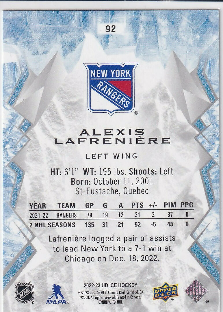 2022-23 Upper Deck Ice Green #92 Alexis Lafreniere New York Rangers