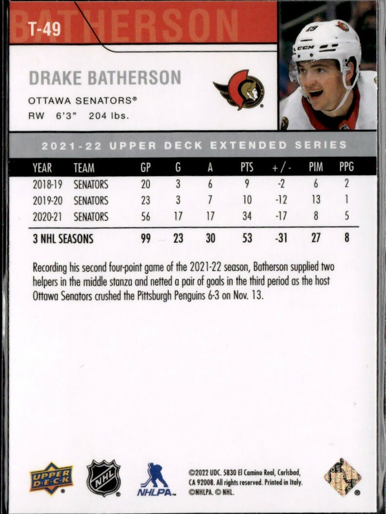 2021-22 Upper Deck 2006-07 Upper Deck Retro #T-49 Drake Batherson Ottawa Senators